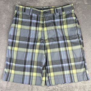 PGA Tour Golf Shorts Men’s 32 Moisture Wicking Blue‎ Green Plaid 10" Flat Front